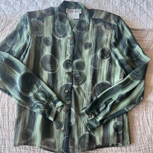 Vintage Carlisle Green Silk Button Down Shirt with Shoulder Pads | Size 12